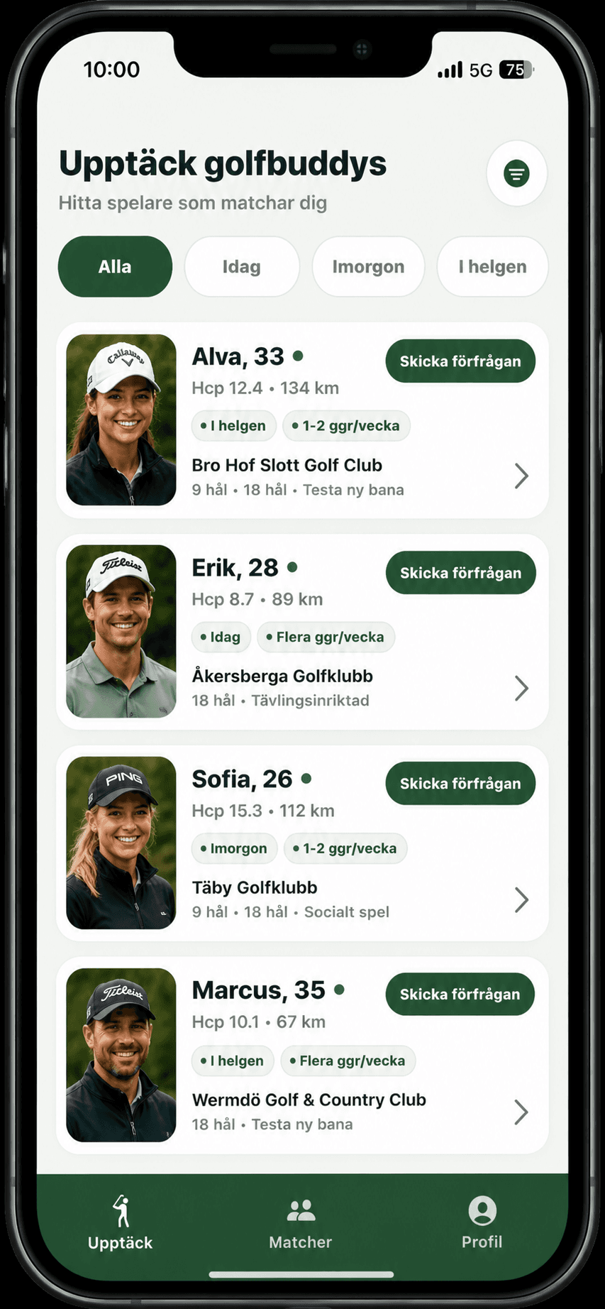 GolfBuddys upptäcktsvy i appen